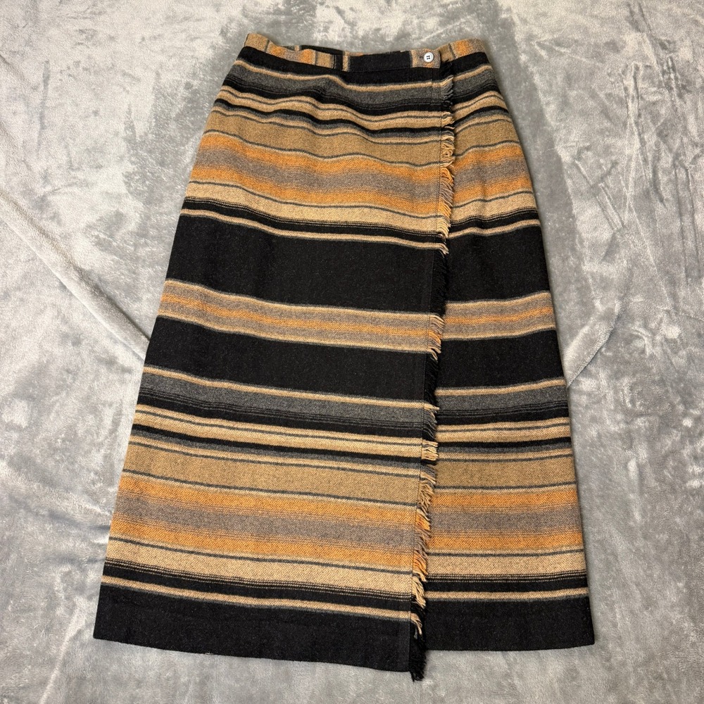 Rafaella SZ 10 Vintage Wool Blend Striped Fringed Wrap Midi Skirt Brown Black